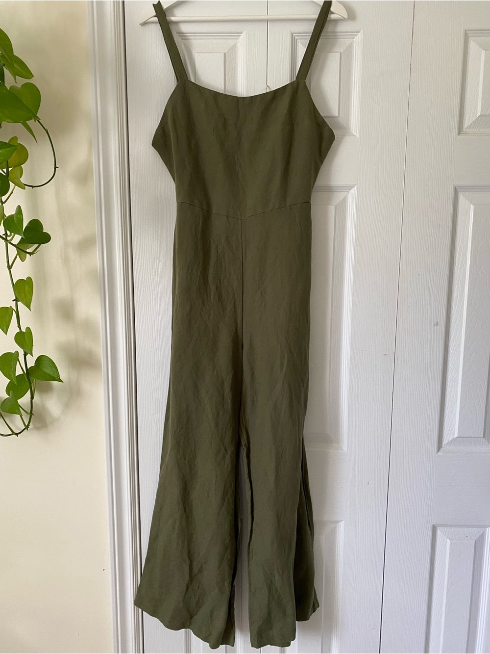 Anthropologie Open Back Wide-Leg Linen Blend Jumpsuit with Straps Olive Green XS